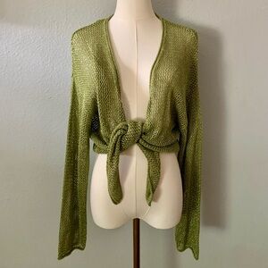 Green metallic crochet tie front cardigan